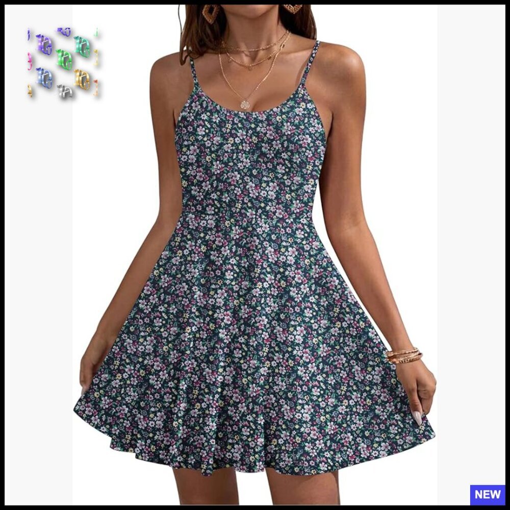 Floral Mini Dress Adjustable Spaghetti Strap Fit & Flare Casual Sundress with